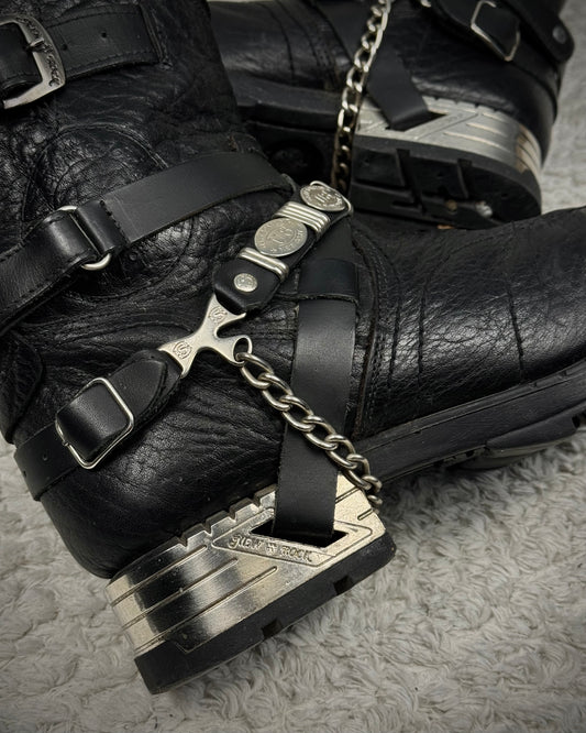 New Rock Chained Belted Steel Heel Leather Boots