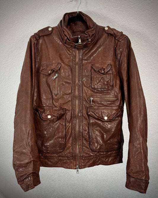 Rust Dyed Quilted Eight Pocket Leather Jacket