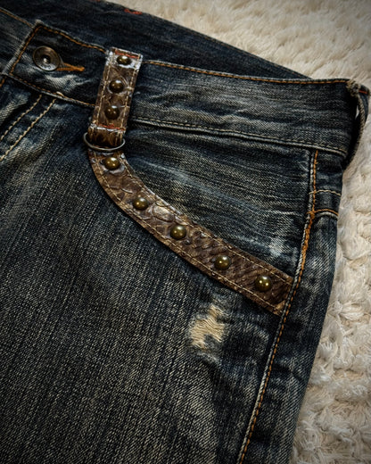 Semantic Design Python Detailed Lace Up Pocket Spiral Flared Jeans