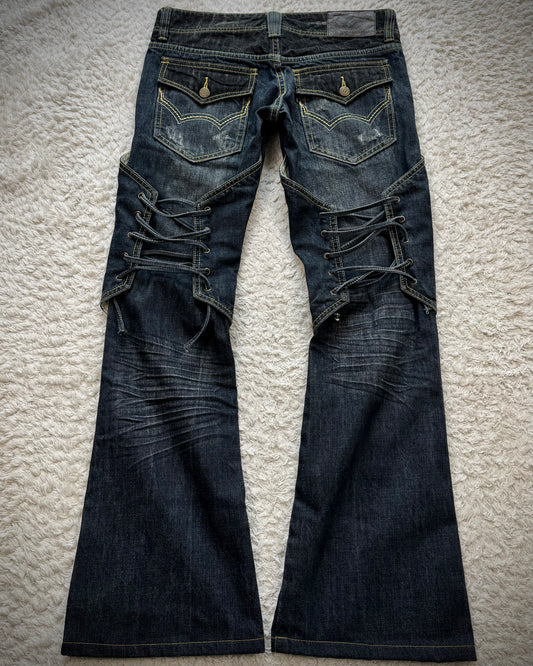 Tornado Mart Knee Back Lace Up Flared Denim