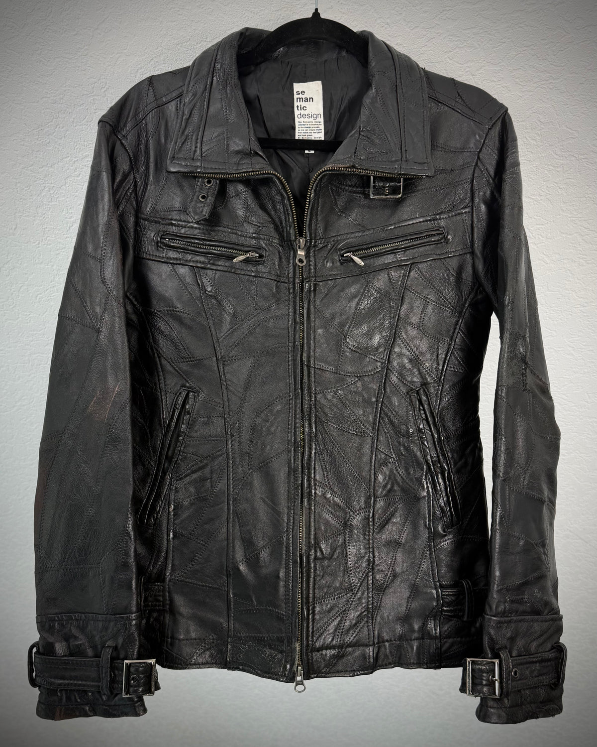 Semantic Design Scar Stitched Leather Patchwork Jacket