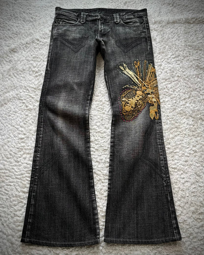 Tornado Mart Tribe Skull Embroidery Flared Jeans