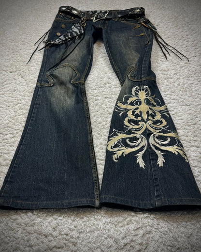 Tornado Mart Tribal Tattoo Embroidery Flared Jeans