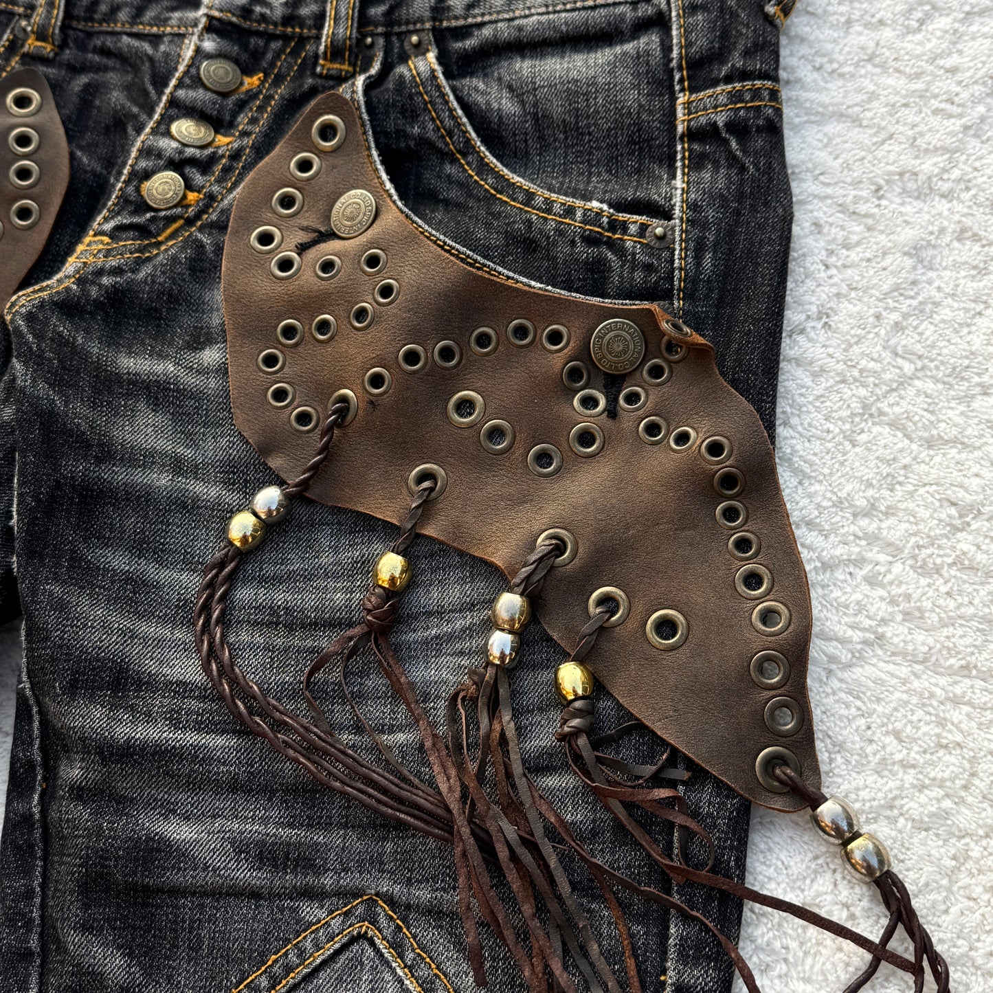 Tornado Mart Western Leather Tassel Flared Jeans