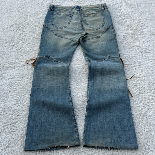 Semantic Design Thigh Leather Lace-Up Flared Jeans