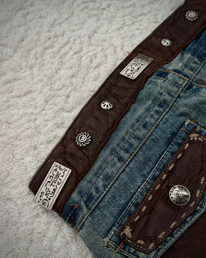 My Tribe Western Belted Steel Detailed Leather Repairs Flared Jeans