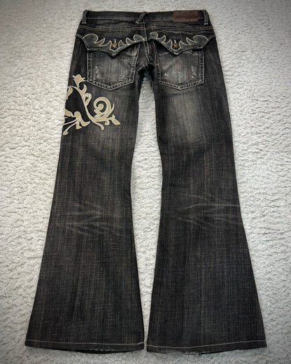 Tornado Mart Tribal Embroidery Spiral Flared Jeans