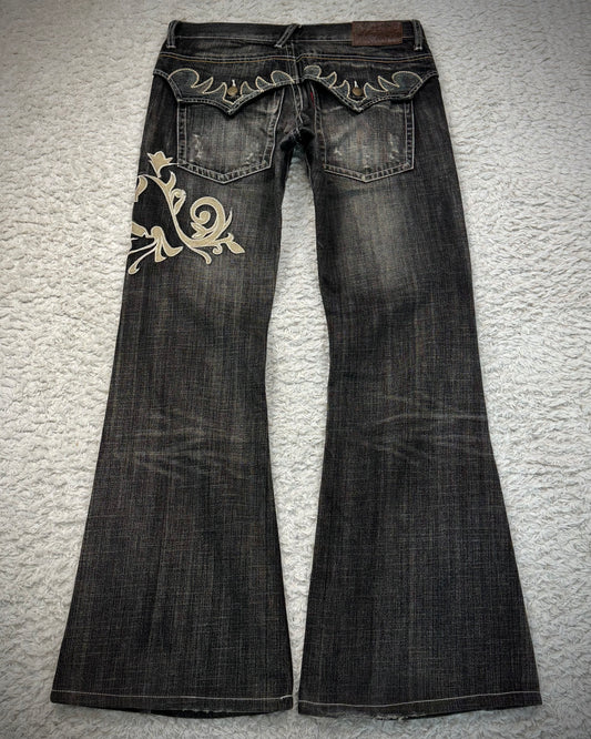 Tornado Mart Tribal Embroidery Spiral Flared Jeans
