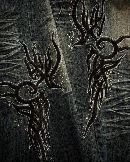 Black Crown Tribal Embroidery Studded Flared Jeans