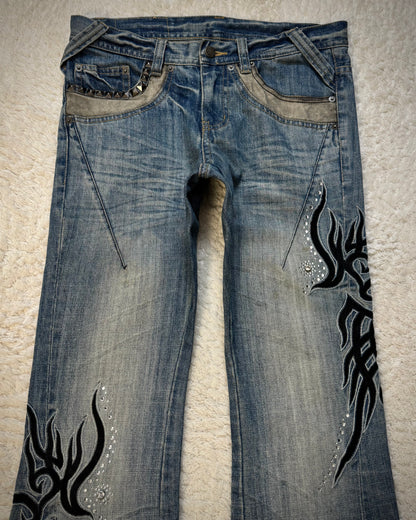 Tornado Mart Tribal Embroidery Studded Flared Jeans