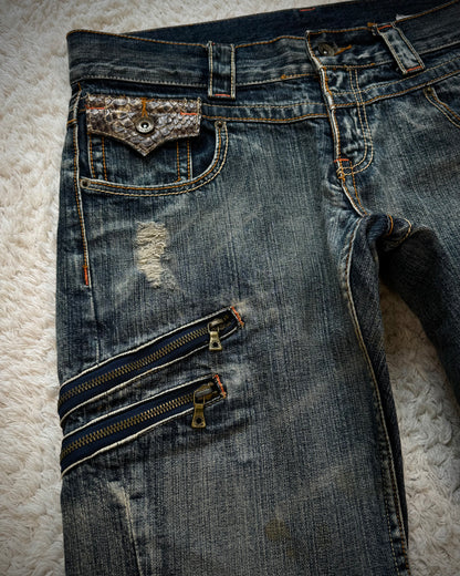 Semantic Design Python Pocket Detailed Spiral Flared Jeans
