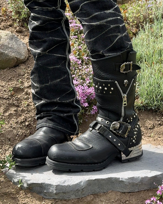 New Rock Steel Heel Studded Belted Leather Boots