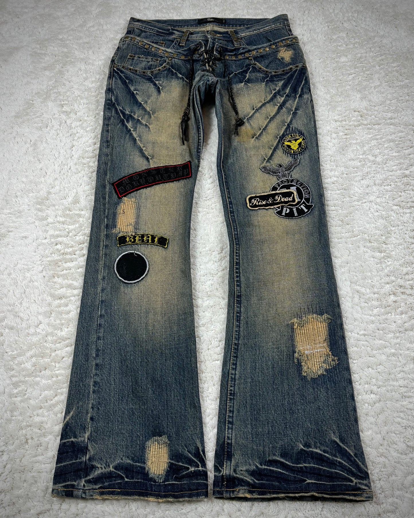 Midas Double Waisted Lace Up Mud Washed Patched Flared Jeans