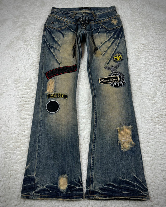 Midas Double Waisted Lace Up Mud Washed Patched Flared Jeans
