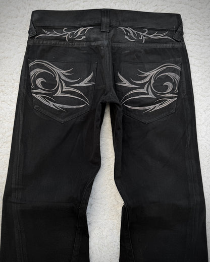 Tornado Mart Xray Waxed Tribal Embroidery Flared Jeans