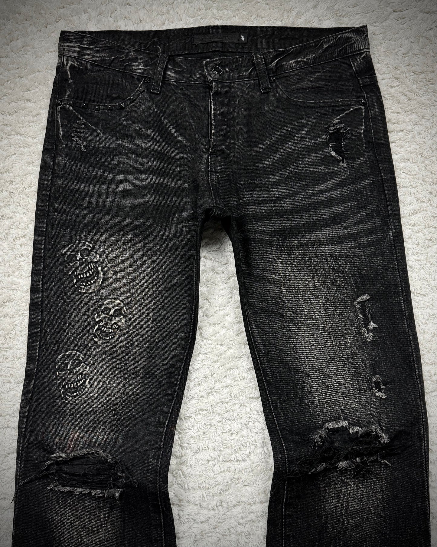 Fuga Skull Embossed Whisker Washed Flared Jeans