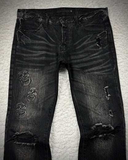 Fuga Skull Embossed Whisker Washed Flared Jeans