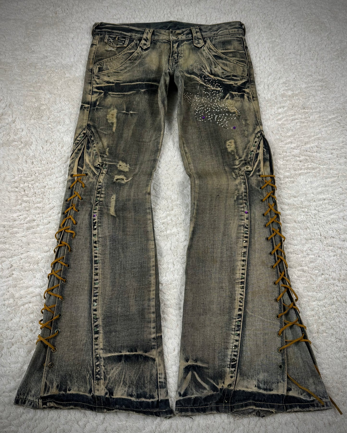 Tornado Mart Mud Washed Butterfly Lace Up Flared Jeans