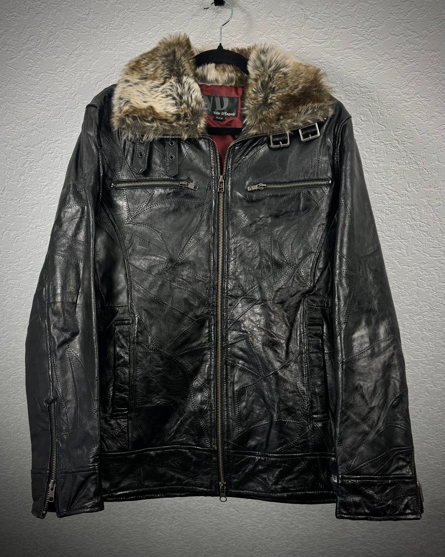 Ville D’Espoir Fur Collar Leather Patchwork Jacket