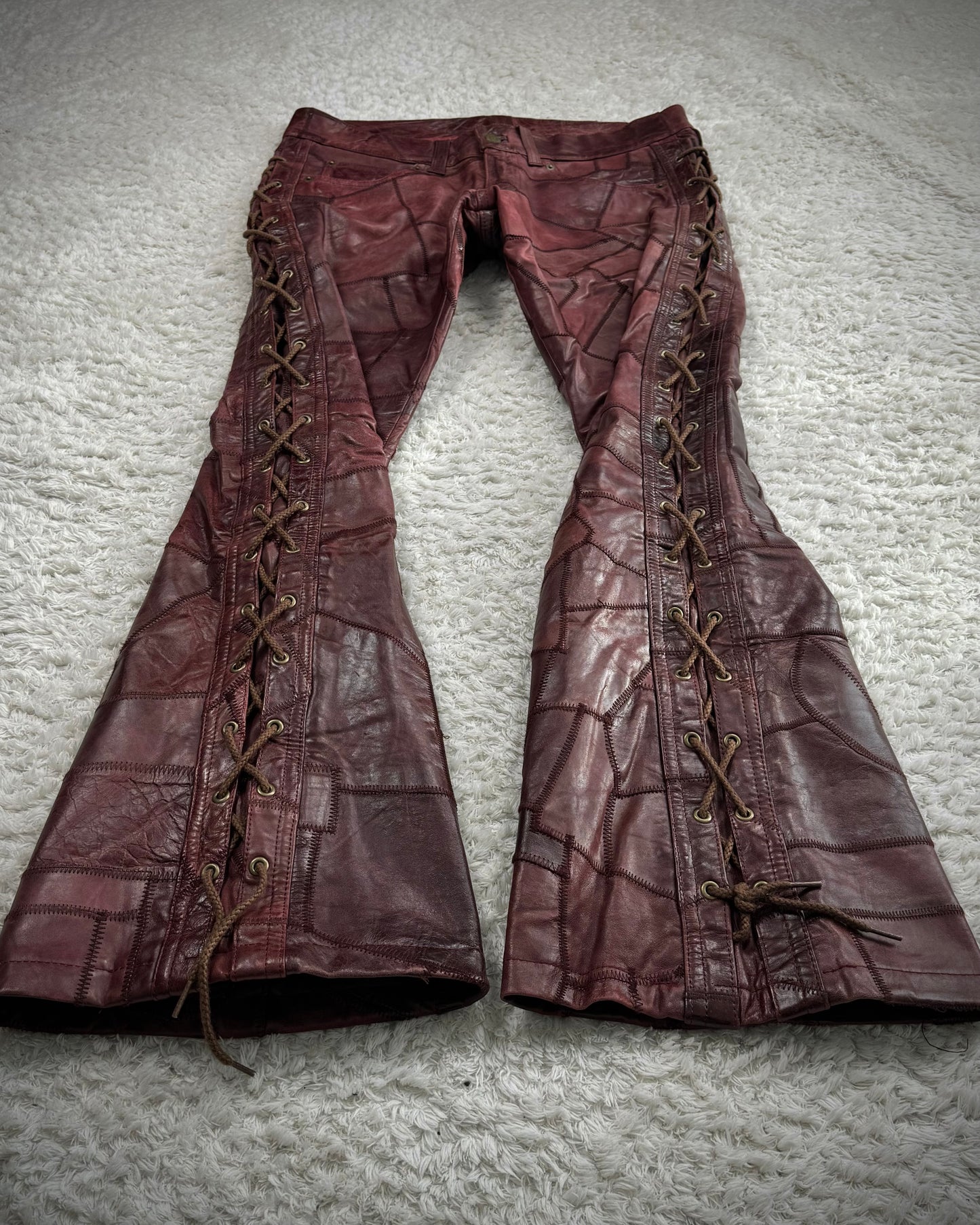 Tornado Mart Oxblood Scar Stitched Leather Patchwork Lace Up Flared Pants