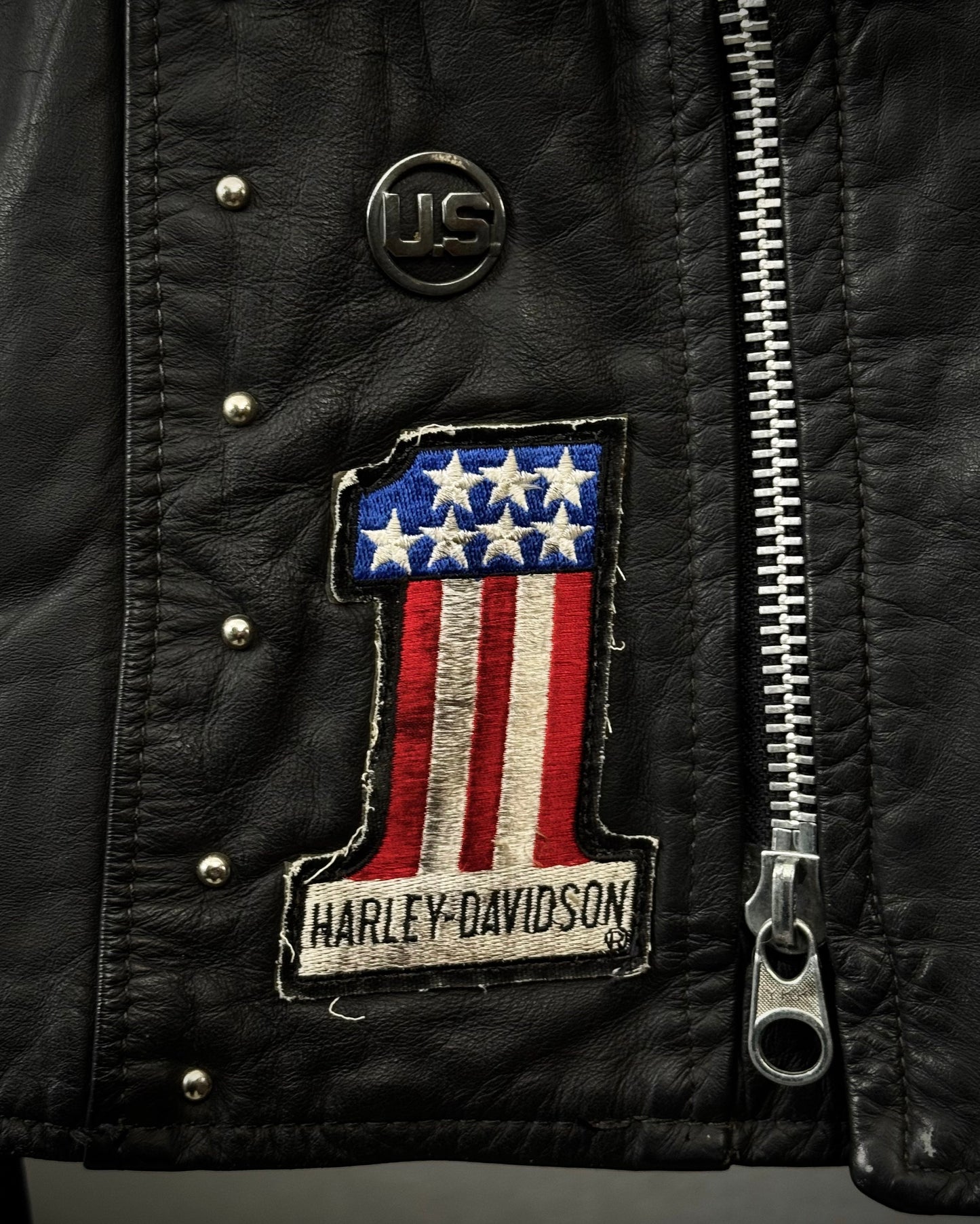 Brooks Harley Patched Studded Vintage Leather Biker Jacket