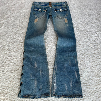 Silver Waxed Python Detailed Bootcut Lace Up Jeans