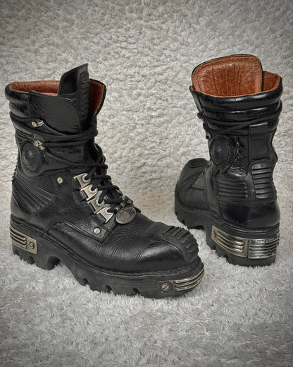 New Rock Metallic Ridged Armor High Top Leather Boots