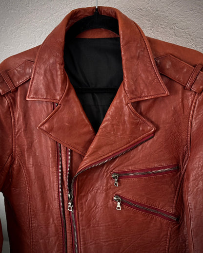 Crimson Textured Leather Biker Jacket