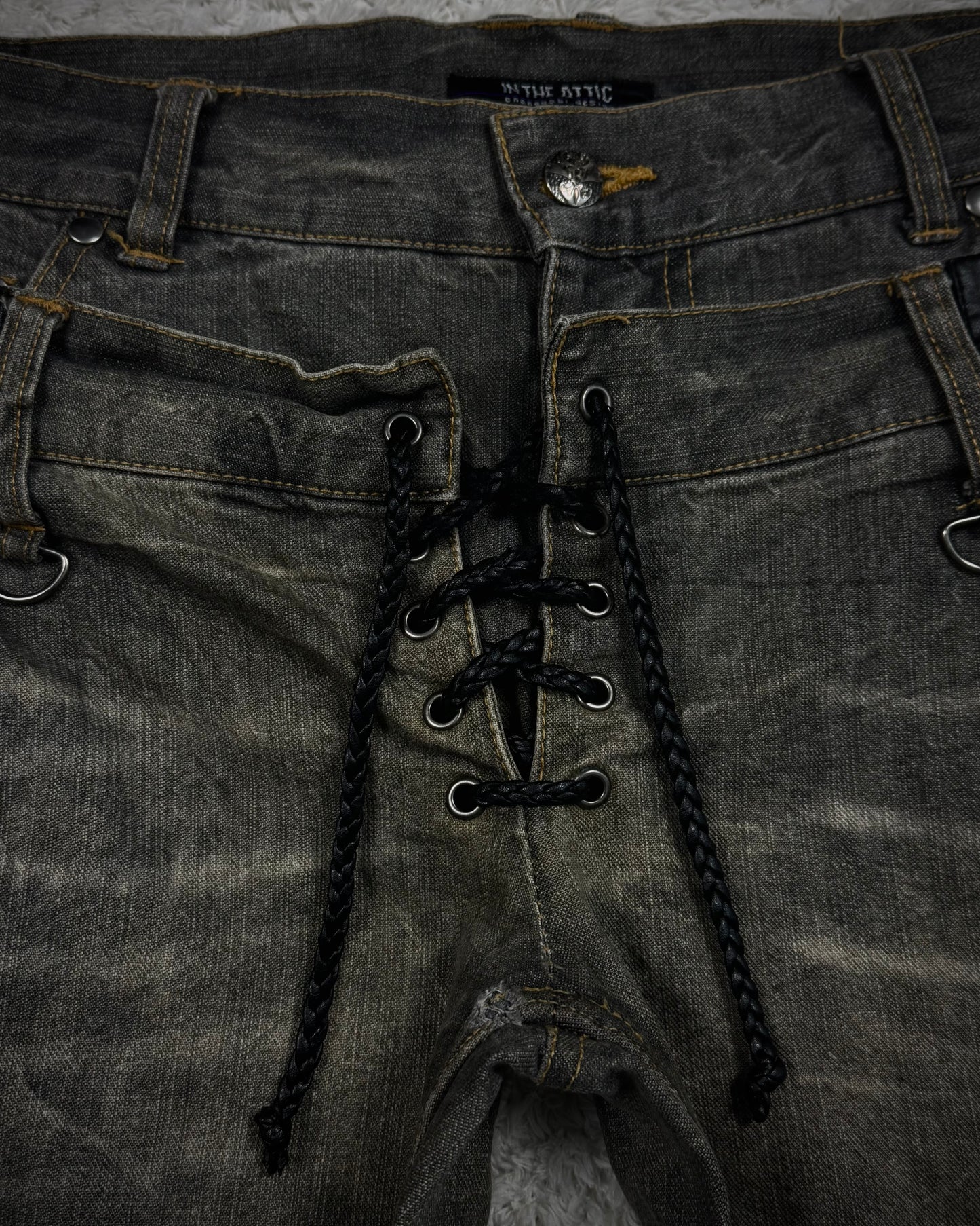 In The Attic Double Waisted Leather Detailed Lace Up Bootcut Jeans