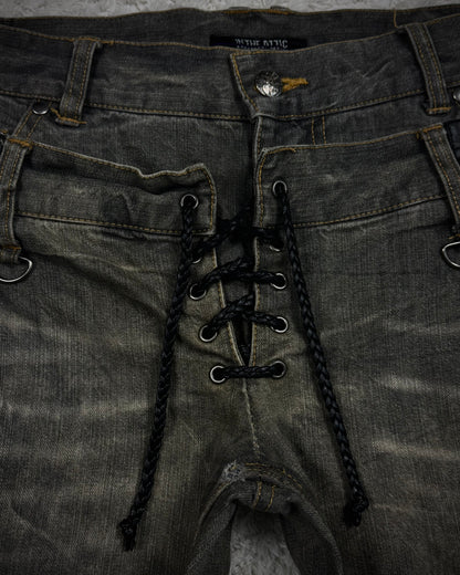In The Attic Double Waisted Leather Detailed Lace Up Bootcut Jeans