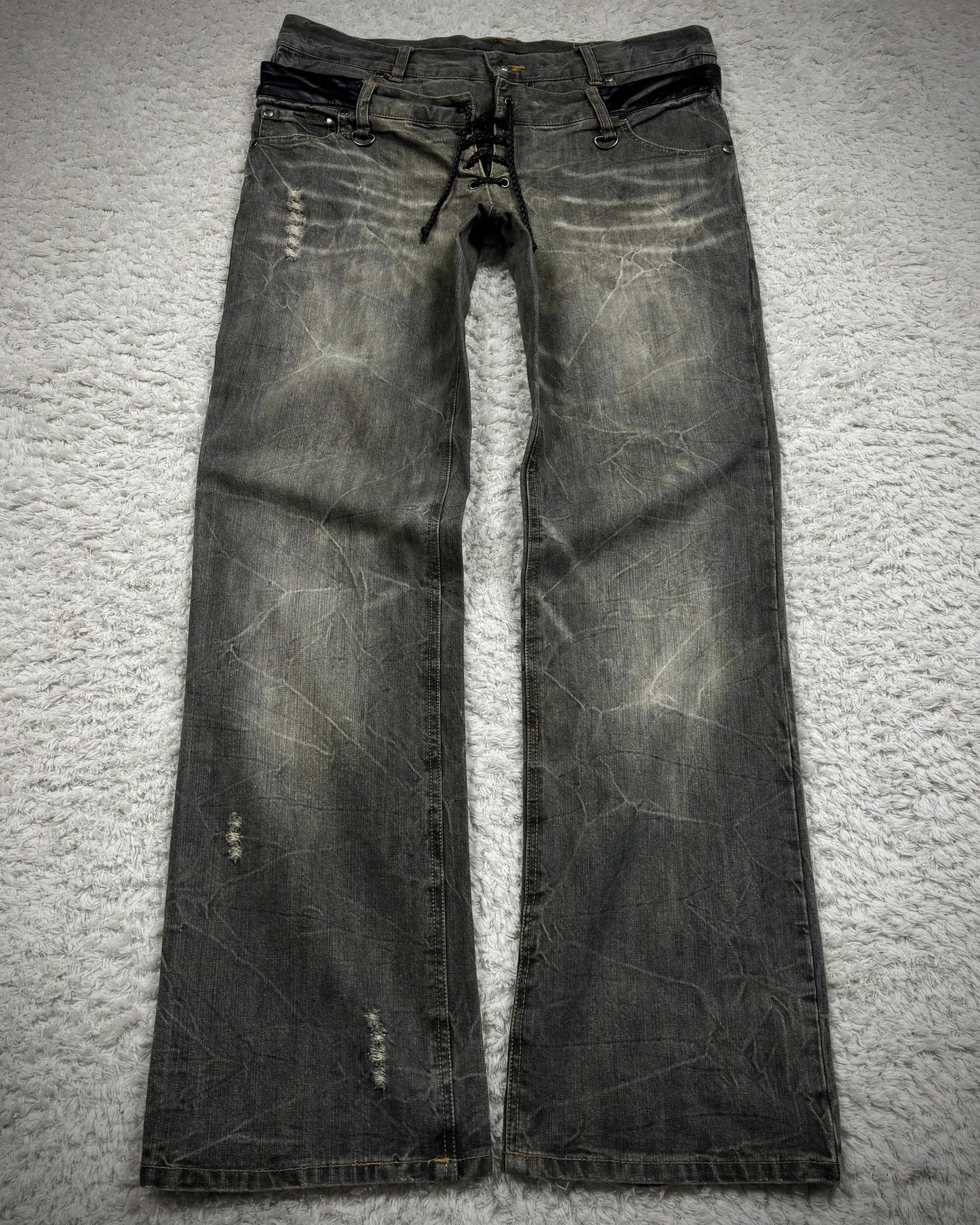 In The Attic Double Waisted Leather Detailed Lace Up Bootcut Jeans
