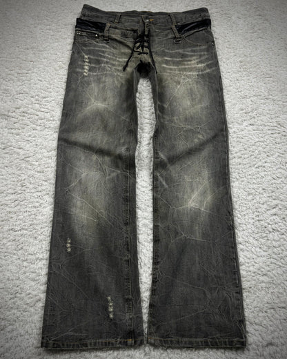 In The Attic Double Waisted Leather Detailed Lace Up Bootcut Jeans