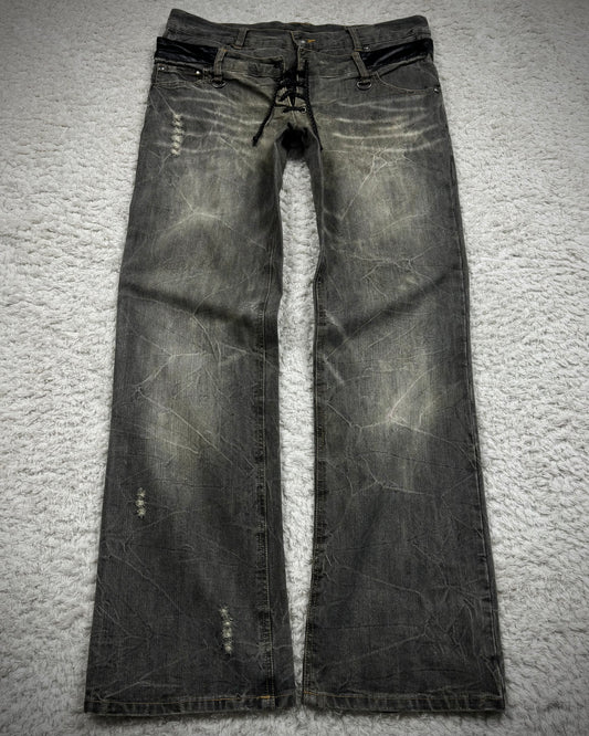 In The Attic Double Waisted Leather Detailed Lace Up Bootcut Jeans