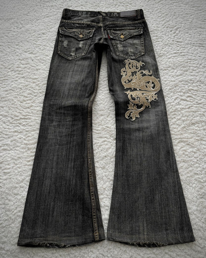 Tornado Mart Tribal Embroidery Spiral Flared Jeans