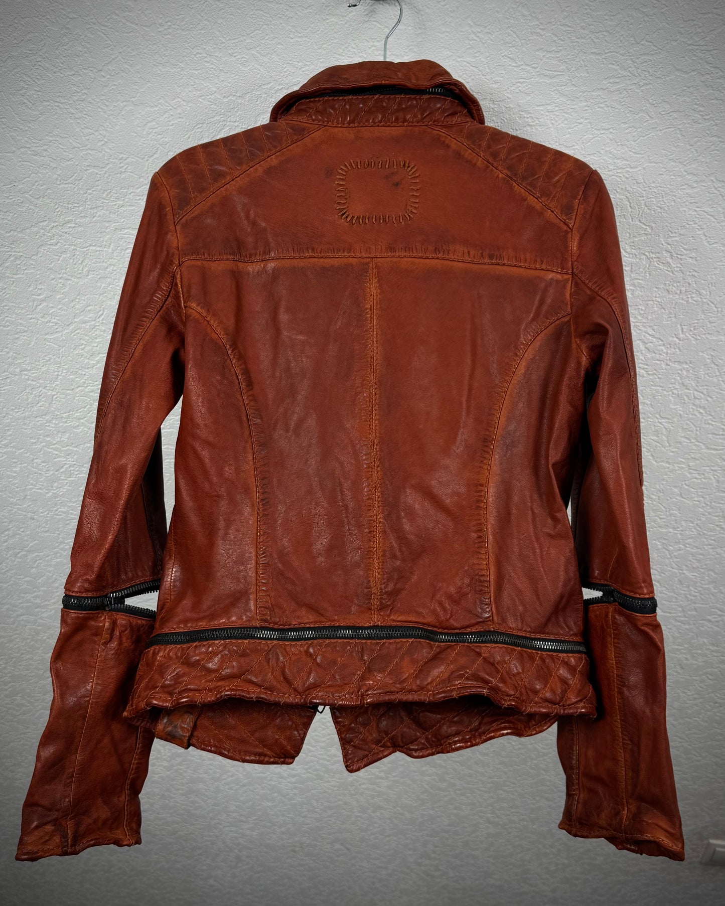 Tigha Rusty Red Transformable Leather Biker Jacket