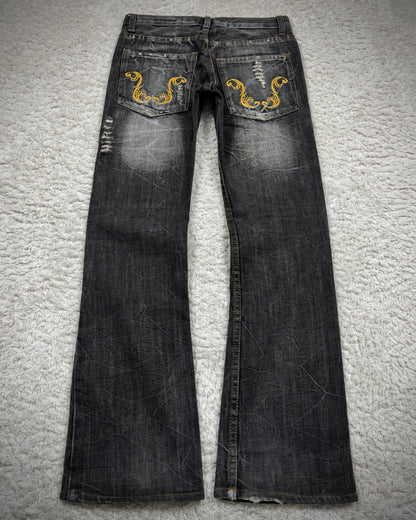 K.U.I Tribal Embroidery Distressed Bootcut Jeans
