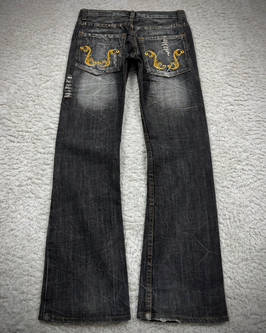 K.U.I Tribal Embroidery Distressed Bootcut Jeans