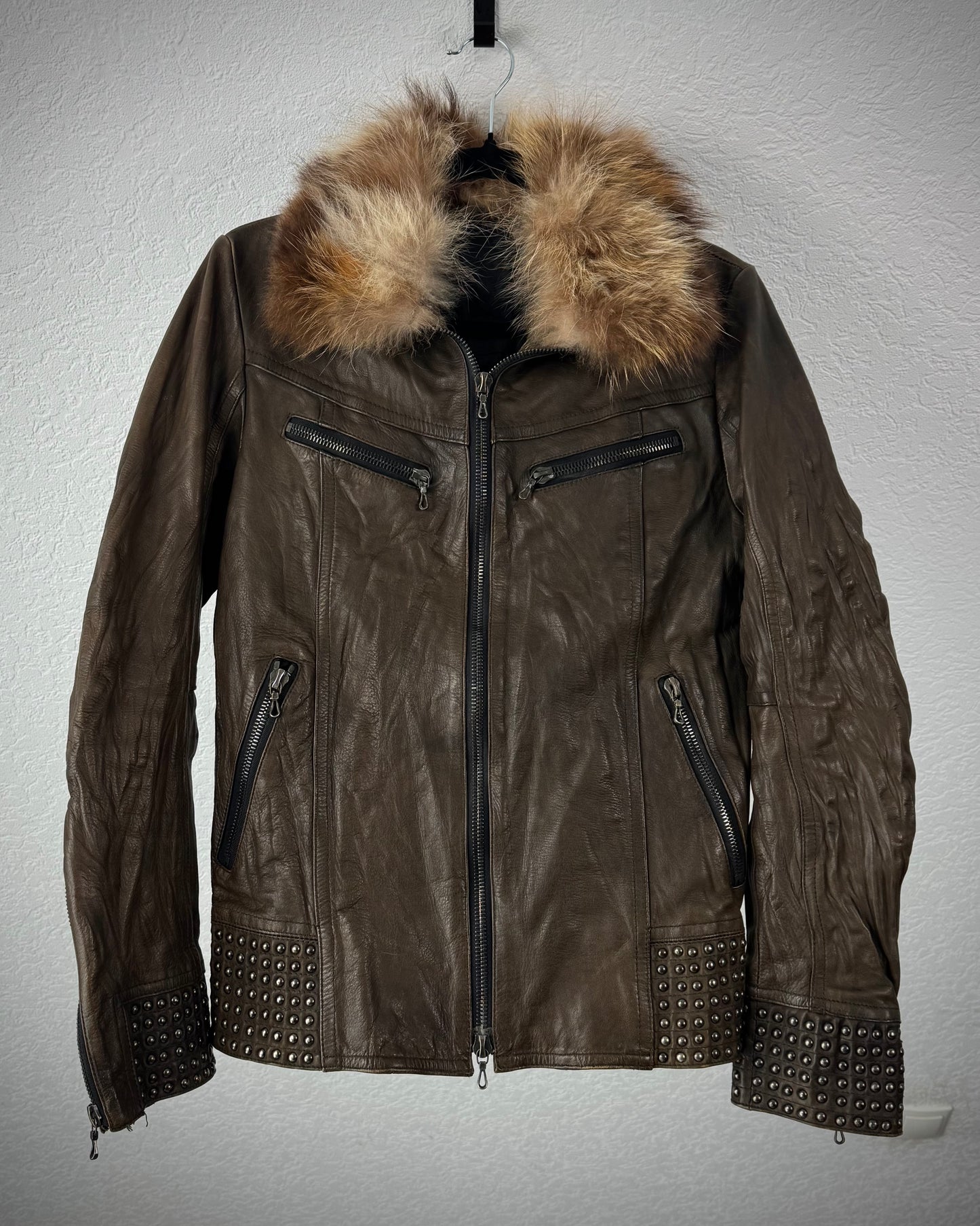 Shellac Studded Fur Collar Leather Jacket