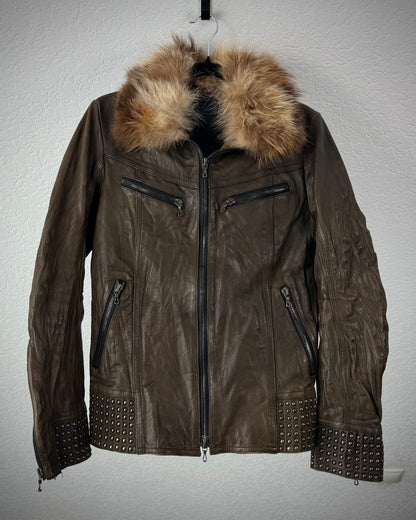 Shellac Studded Fur Collar Leather Jacket