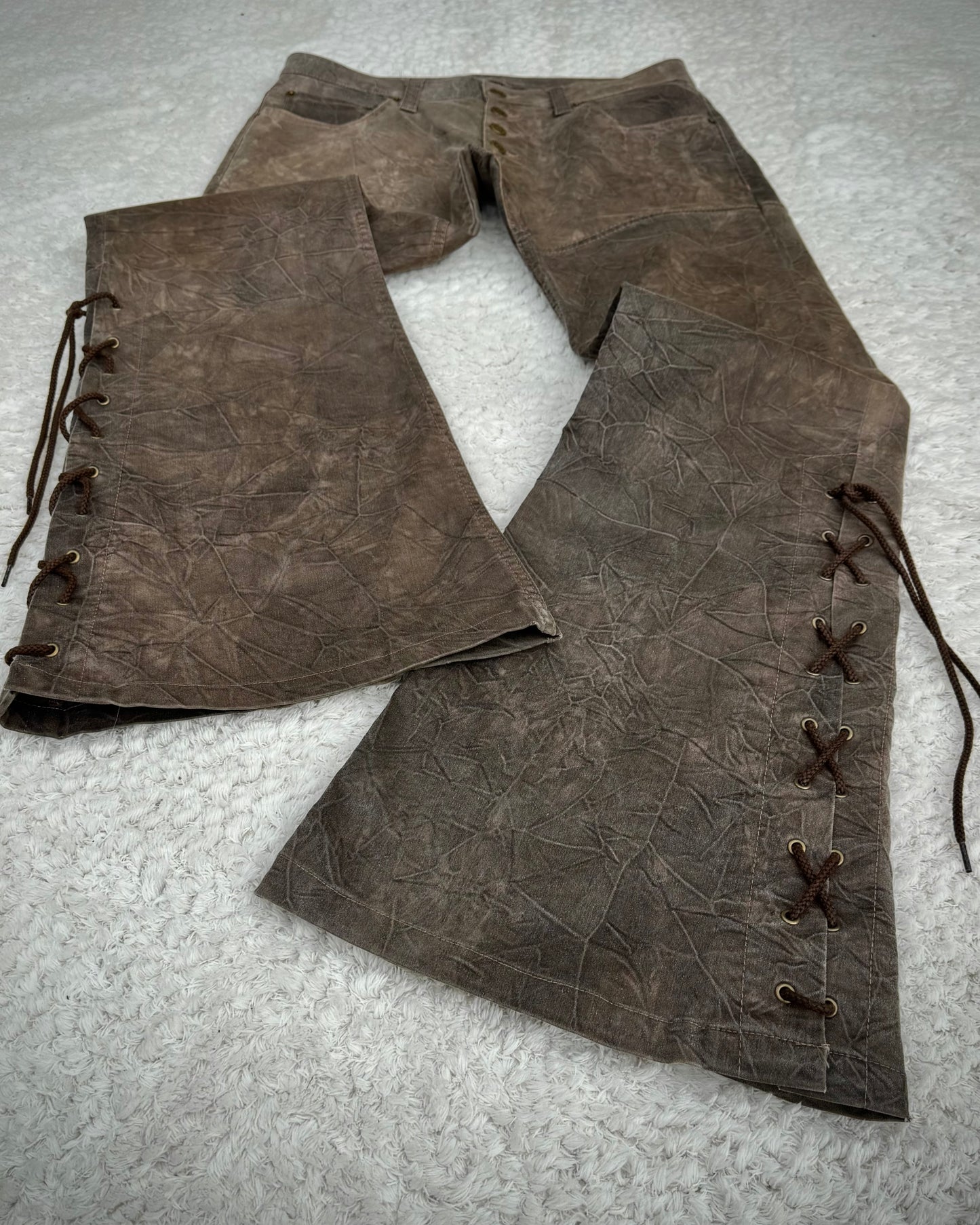 Tornado Mart Wood Textured Lace Up Flared Pants