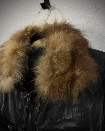 Shellac Fur Collar Cowhide Textured Leather Jacket