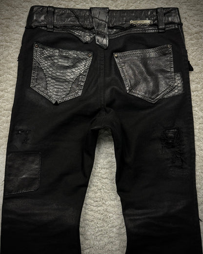 14th Addiction “Coyote 03” Python Leather Repaired Flared Pants