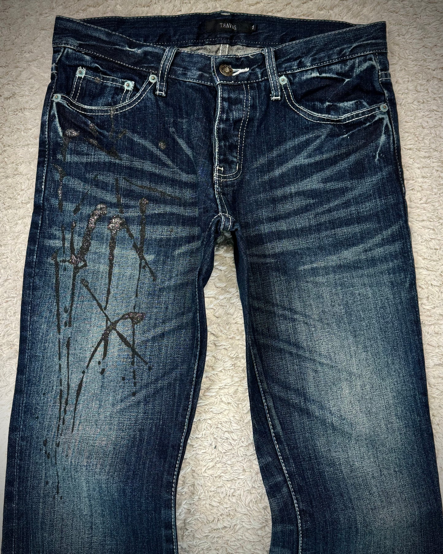 Travas Luster Splatter Clawmarks Washed Bootcut Denim
