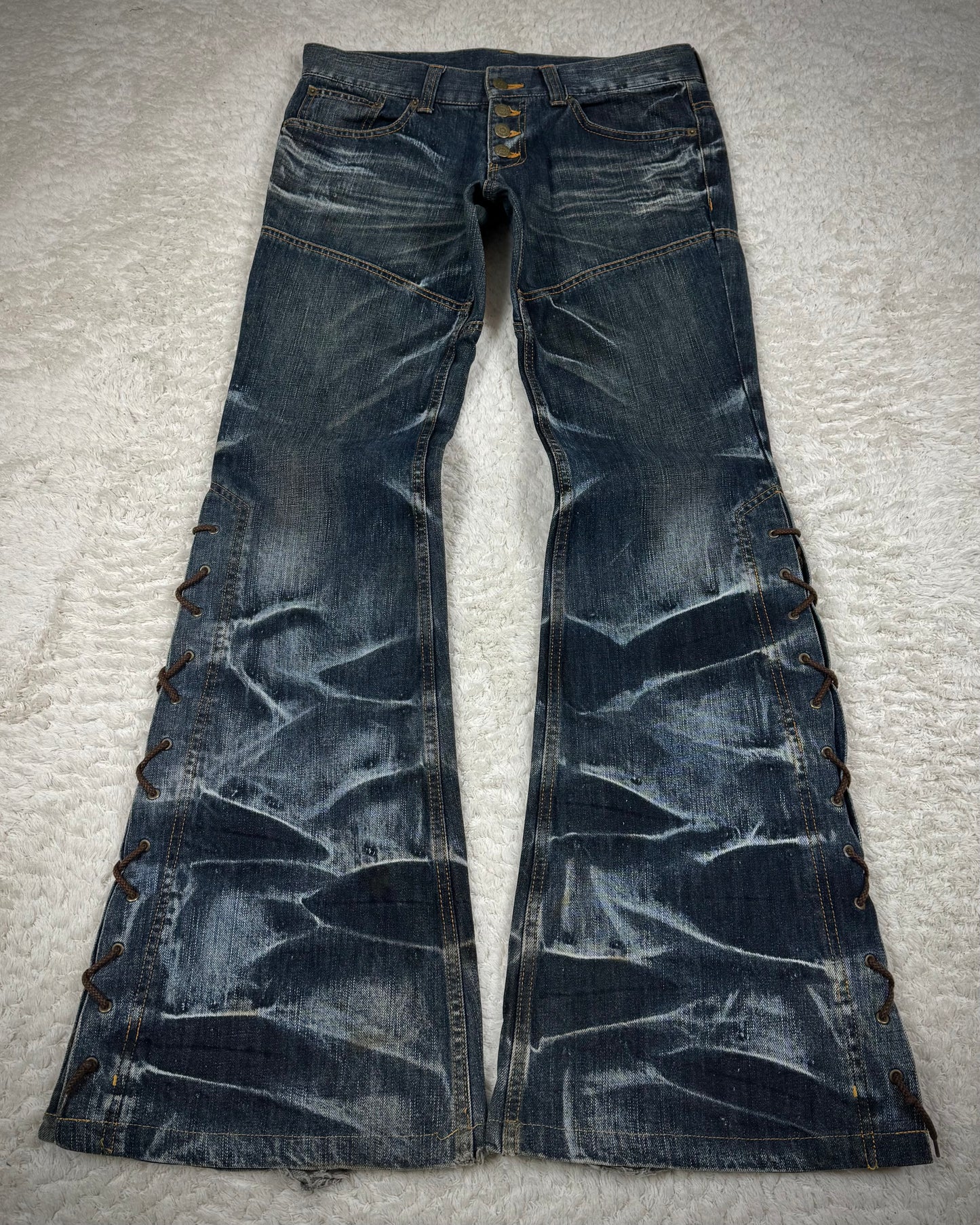 Tornado Mart Whisker Washed Lace Up Flared Jeans