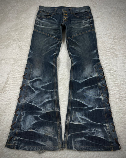 Tornado Mart Whisker Washed Lace Up Flared Jeans