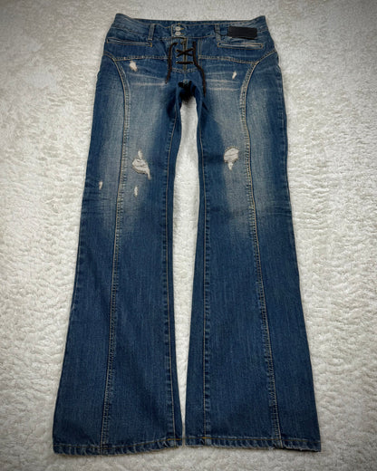 Fuga Lace Up Zipper Distressed Flared Jeans