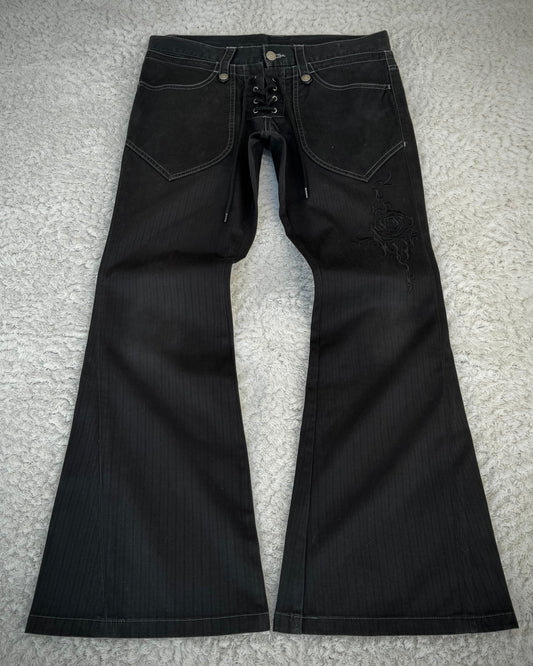 Tornado Mart Double Waisted Tribal Embroidery Pin Stripe Lace Up Flared pants