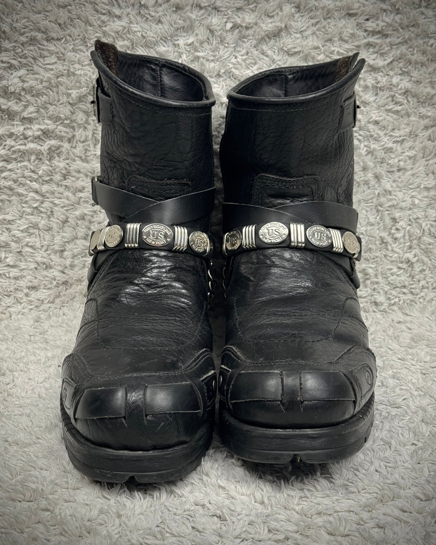 New Rock Chained Belted Steel Heel Leather Boots