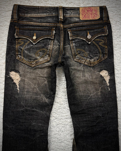Casva Stitch Repaired Mud Washed Flared Jeans