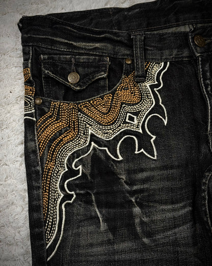 Tornado Mart Cyber Tribal Embroidery Flared Jeans